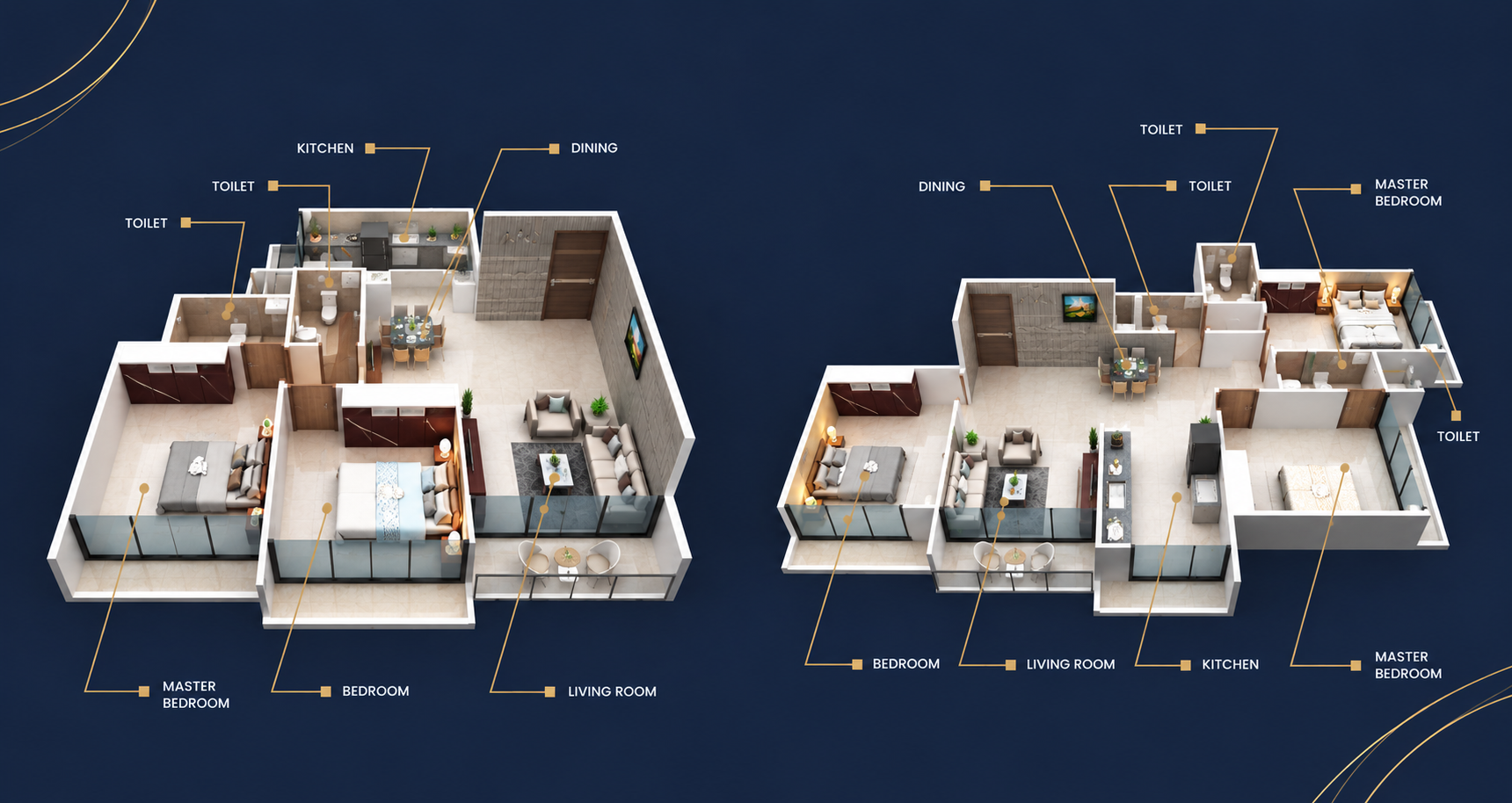 2 BHK flat 3D view floor plan