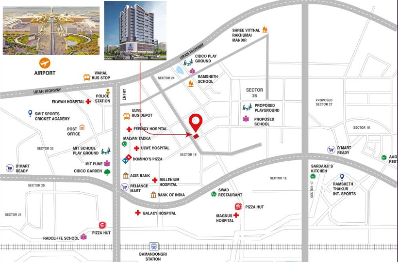 Location map of Pillars Nirvana in Ulwe, Sector 19, Navi Mumbai, showing nearby hospitals, schools and the airport